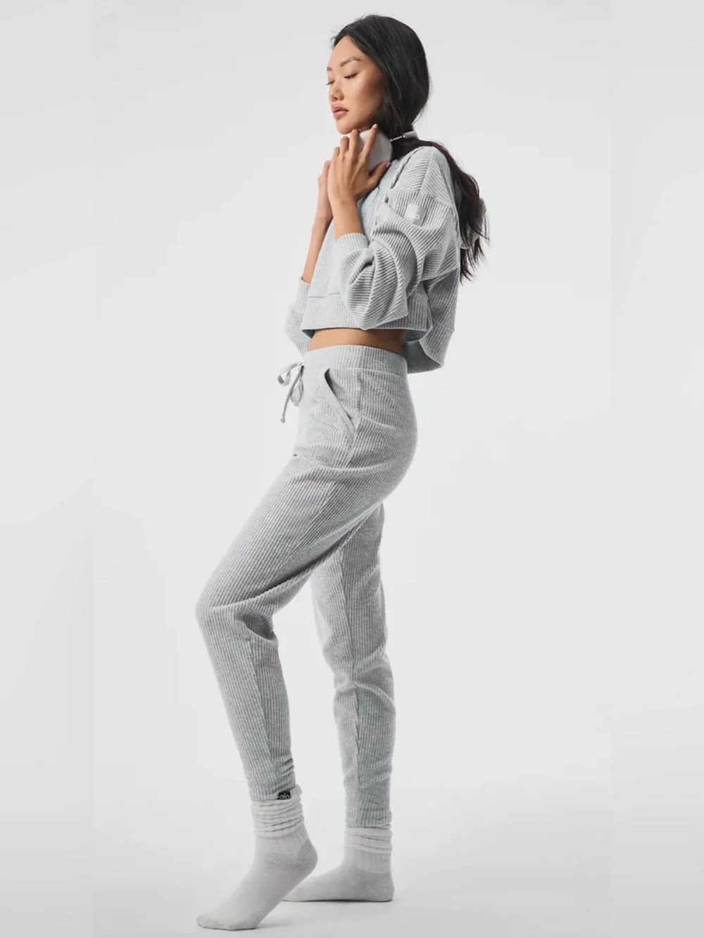 Alo Yoga Muse Ribbed Hoodie and Sweatpants Joggers Set in Athletic Heather Grey